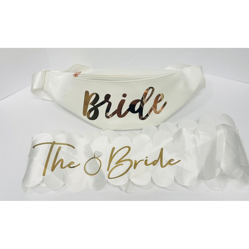 White Bride Belt Bag/ Scalloped Sash Gold Lettering Bride Set Bachelorette Party
